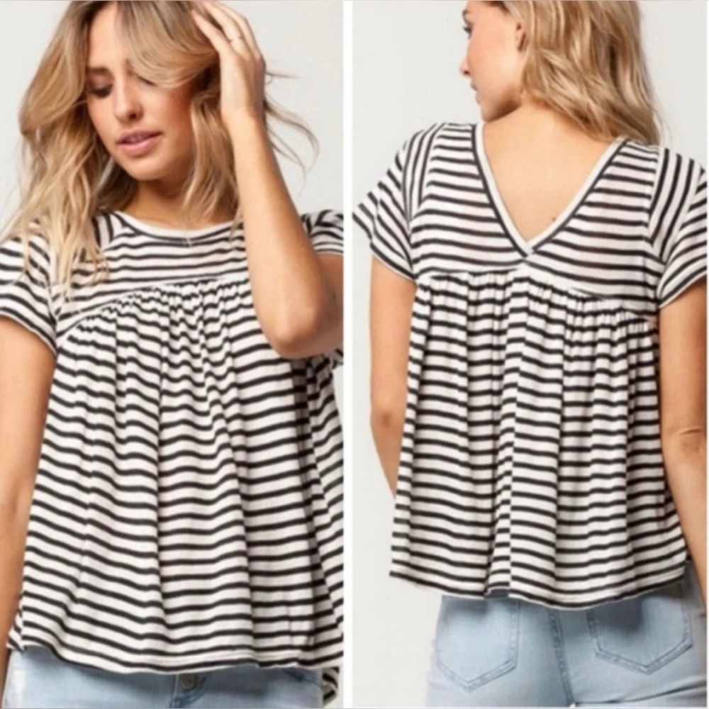 Free People | Medium black and white striped babydoll Jojo tee‎